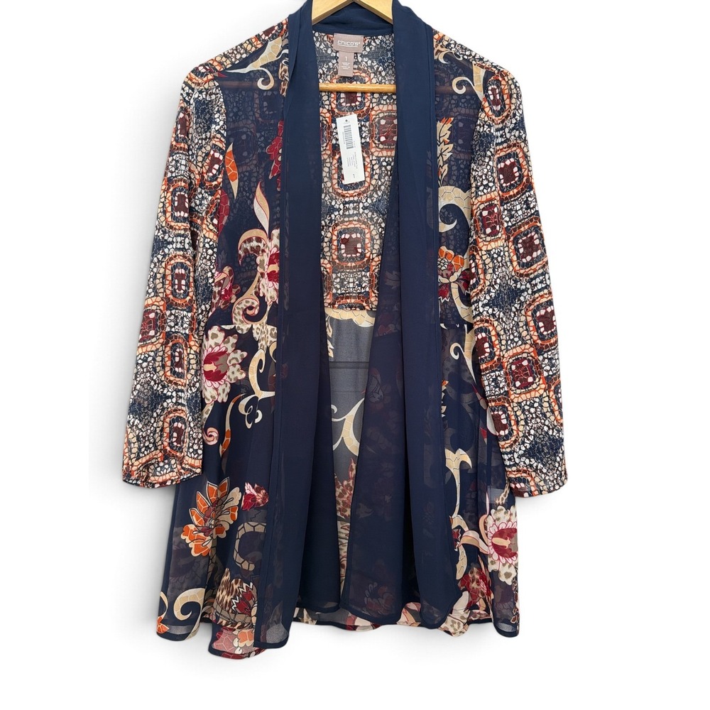 Chicos Mixed Print Kimono Cardigan Navy Floral Leopard Sheer Open Front Size 1